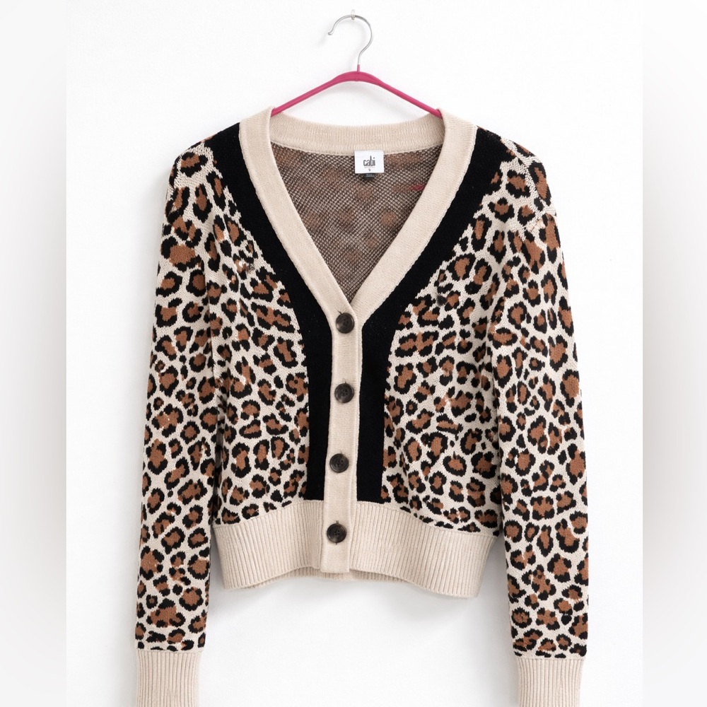 CAbi Leopard Print Cardigan in Black and Cream